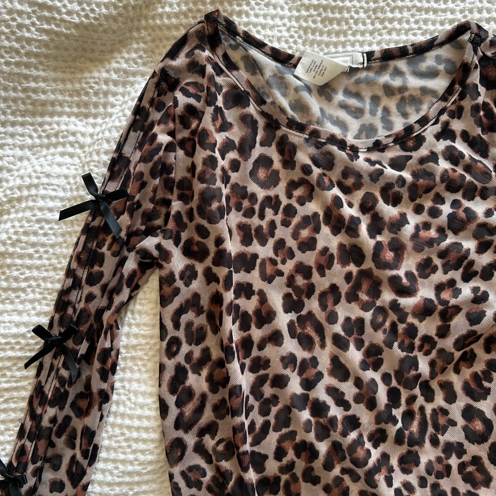 Sheer Leopard Print Bow Sleeve Long Sleeve Top